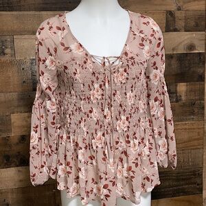 AMERICAN EAGLE Smocked Tan Floral Boho Tiered Peasant Top Size Small